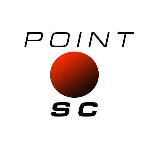 A neon orange card with a dark round globe icon. POINT is written above the icon, and SC is written below.